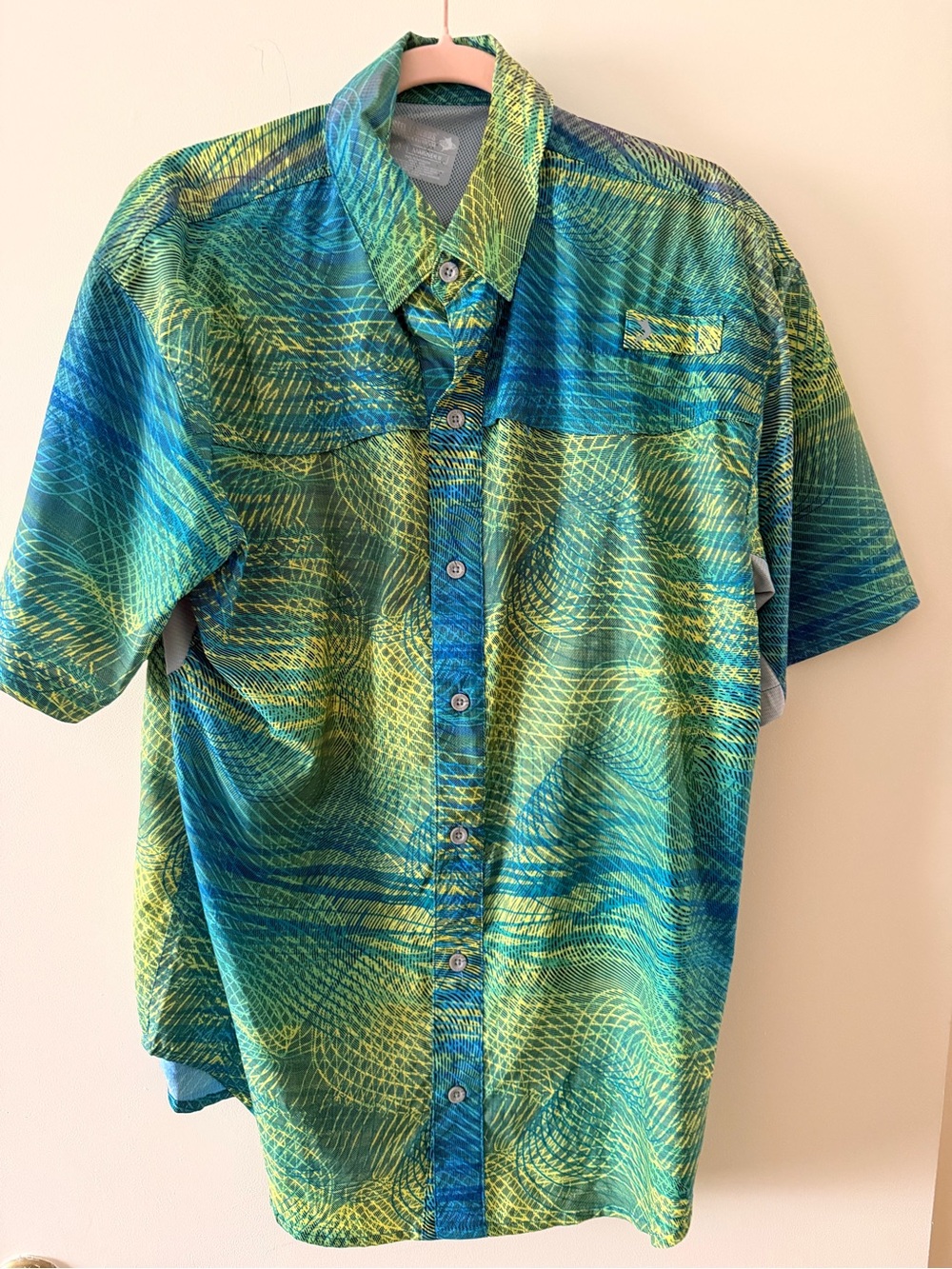 Reel Legends Short-Sleeve Button-Down Shirt in Teal & Lime